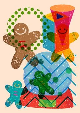 Risograph Snow Globe and Gingerbread Man Christmas Cookie with geometric sh.. Stock Illustration