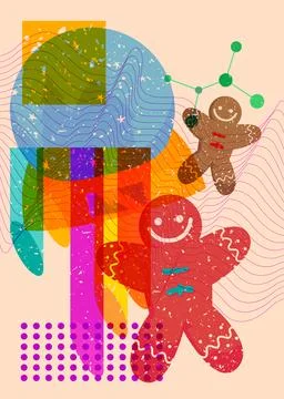 Risograph Snow Globe and Gingerbread Man Christmas Cookie with geometric sh.. Stock Illustration
