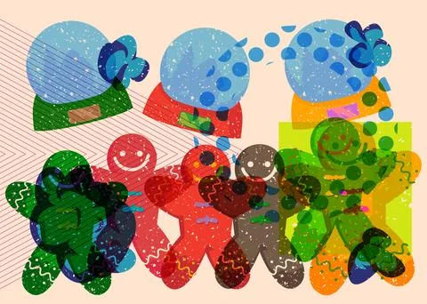 Risograph Snow Globe and Gingerbread Man Christmas Cookie with geometric sh.. 스톡 일러스트