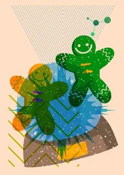 Risograph Snow Globe and Gingerbread Man Christmas Cookie with geometric sh.. Stock Illustration