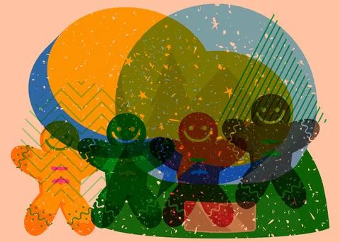 Risograph Snow Globe and Gingerbread Man Christmas Cookie with geometric sh.. Stock Illustration