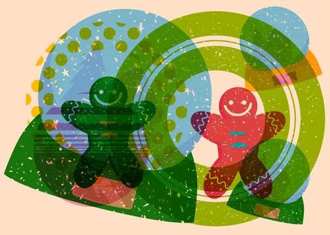 Risograph Snow Globe and Gingerbread Man Christmas Cookie with geometric sh.. Stock Illustration