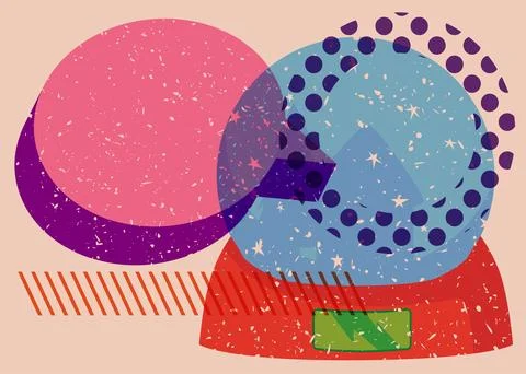 Risograph Snow Globe with speech bubble with geometric shapes. Objects in t.. Stock Illustration