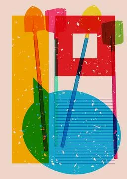Risograph Spade, Shovel with speech bubble with geometric shapes. Objects i.. Stock Illustration