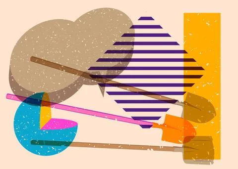 Risograph Spade, Shovel with speech bubble with geometric shapes. Objects i.. Stock Illustration