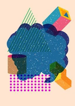 Risograph speech bubble with geometric shapes. Objects in trendy riso graph.. Stock Illustration