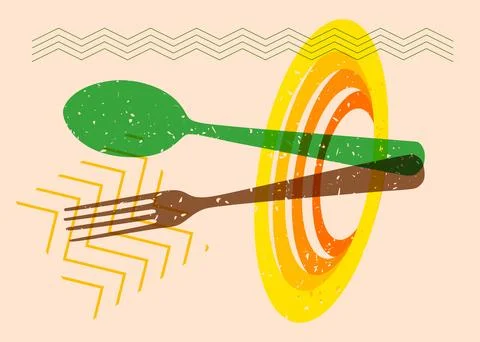 Risograph spoon and fork with geometric shapes. Objects in trendy riso grap.. Illustrazione stock