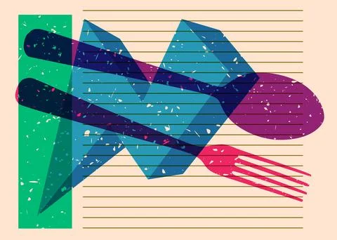 Risograph spoon and fork with geometric shapes. Objects in trendy riso grap.. Stock Illustration