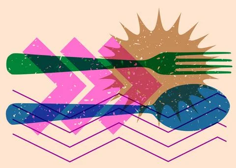 Risograph spoon and fork with geometric shapes. Objects in trendy riso grap.. Stock Illustration