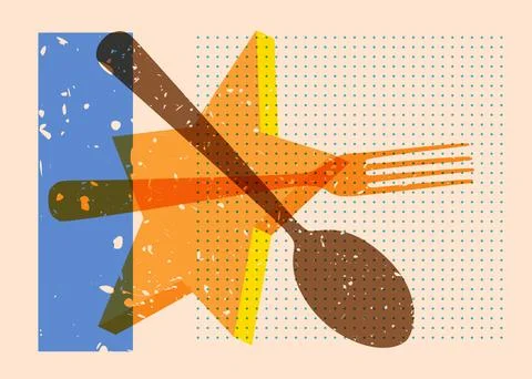 Risograph spoon and fork with geometric shapes. Objects in trendy riso grap.. Stock Illustration