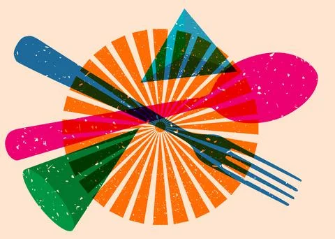 Risograph spoon and fork with geometric shapes. Objects in trendy riso grap.. Stock Illustration