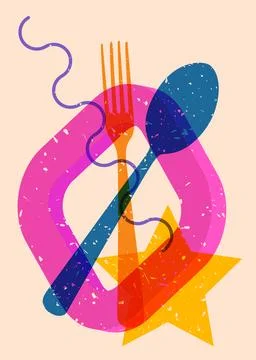 Risograph spoon and fork with geometric shapes. Objects in trendy riso grap.. Illustrazione stock