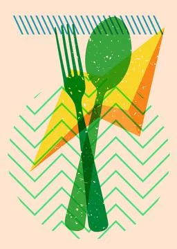Risograph spoon and fork with geometric shapes. Objects in trendy riso grap.. Stock Illustration