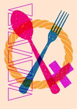 Risograph spoon and fork with geometric shapes. Objects in trendy riso grap.. Stock Illustration
