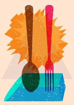 Risograph spoon and fork with geometric shapes. Objects in trendy riso grap.. Illustration