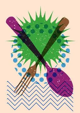 Risograph spoon and fork with geometric shapes. Objects in trendy riso grap.. Stock Illustration