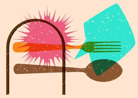 Risograph spoon and fork with speech bubble with geometric shapes. Objects .. Stock Illustration