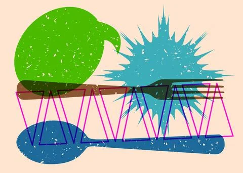 Risograph spoon and fork with speech bubble with geometric shapes. Objects .. Stock Illustration