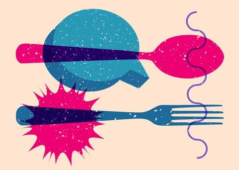 Risograph spoon and fork with speech bubble with geometric shapes. Objects .. Stock Illustration