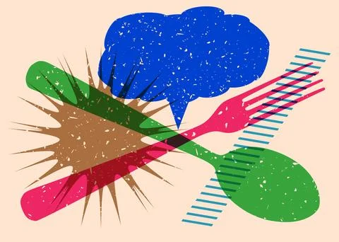 Risograph spoon and fork with speech bubble with geometric shapes. Objects .. Stock Illustration