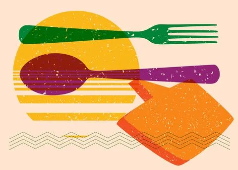 Risograph spoon and fork with speech bubble with geometric shapes. Objects .. Stock Illustration