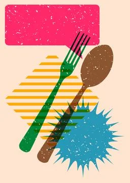 Risograph spoon and fork with speech bubble with geometric shapes. Objects .. Stock Illustration
