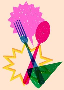 Risograph spoon and fork with speech bubble with geometric shapes. Objects .. Stock Illustration