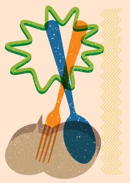 Risograph spoon and fork with speech bubble with geometric shapes. Objects .. Stock Illustration