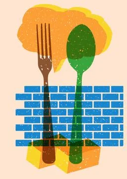 Risograph spoon and fork with speech bubble with geometric shapes. Objects .. Stock Illustration