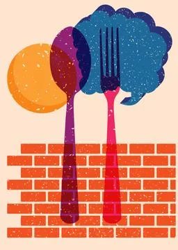 Risograph spoon and fork with speech bubble with geometric shapes. Objects .. Stock Illustration