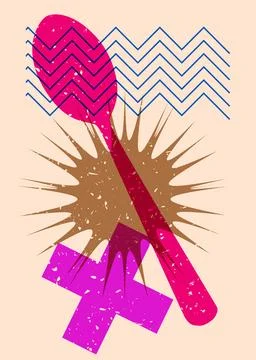 Risograph spoon with geometric shapes. Objects in trendy riso graph print t.. 스톡 일러스트