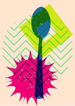 Risograph spoon with geometric shapes. Objects in trendy riso graph print t.. Illustrazione stock