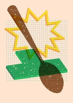 Risograph spoon with geometric shapes. Objects in trendy riso graph print t.. 스톡 일러스트