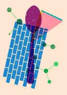 Risograph spoon with geometric shapes. Objects in trendy riso graph print t.. 스톡 일러스트