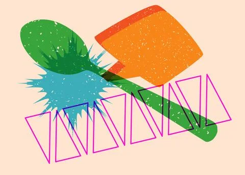 Risograph spoon with speech bubble with geometric shapes. Objects in trendy.. 库存插图