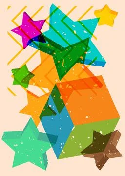 Risograph Star with geometric shapes. Objects in trendy riso graph print te.. Illustrazione stock