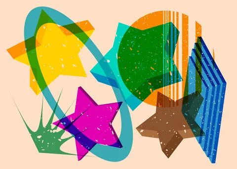 Risograph Star with geometric shapes. Objects in trendy riso graph print te.. Illustrazione stock