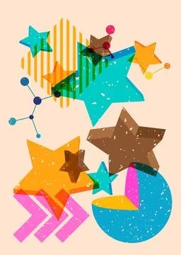 Risograph Star with geometric shapes. Objects in trendy riso graph print te.. Illustrazione stock