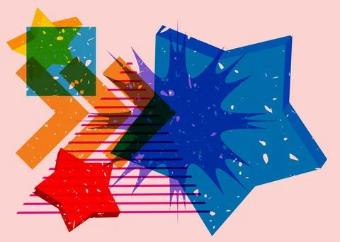Risograph Star with geometric shapes. Objects in trendy riso graph print te.. Illustrazione stock