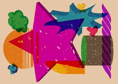 Risograph Star with geometric shapes. Objects in trendy riso graph print te.. Illustrazione stock