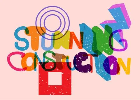 Risograph Stunning Construction word with geometric shapes. Object in trend.. Illustrazione stock