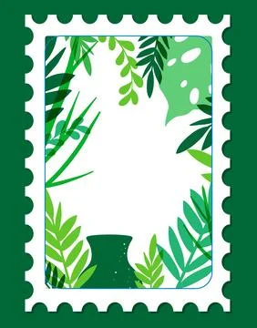 Risograph Style Postage Stamp Illustration with Tropical Green Monstera Folia Stock Illustration