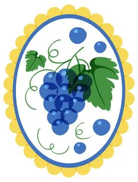 Risograph Style Vector Illustration of Blue Grapes in Scalloped Oval Frame Stock Illustration