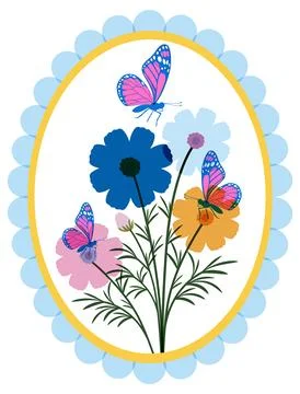 Risograph Style Vector Illustration of Cosmos Flowers and Pink Butterflies Stock Illustration