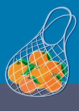 Risograph Style Vector Illustration of Fresh Oranges in Reusable Net Bag Stock Illustration