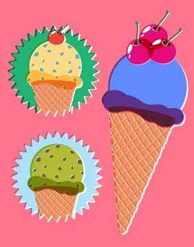 Risograph Style Vector Illustration of Ice Cream Cones with Cherries Stock Illustration