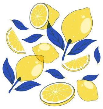 Risograph Style Vector Illustration of Lemons and Blue Leaves Stock Illustration