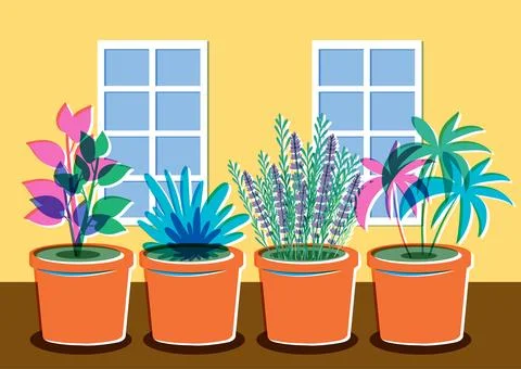 Risograph Style Vector Illustration of Potted Houseplants in an Indoor Garden Stock Illustration