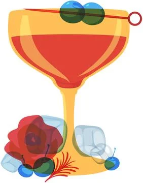 Risograph Style Vector Illustration of a Red Cocktail with Olives Stock Illustration