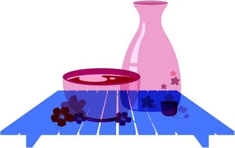 Risograph Style Vector Illustration of Sake Set and Cherry Blossoms Illustrazione stock